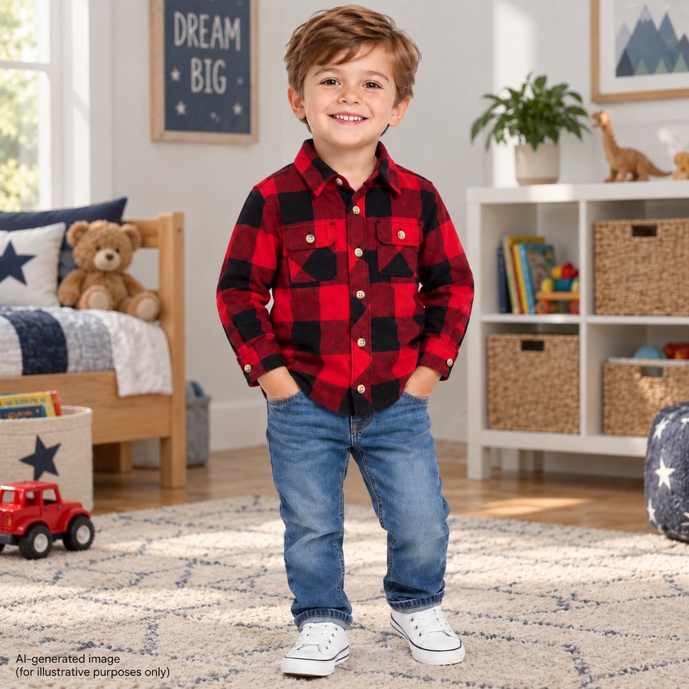 Old Navy Shirt Boys 3T Red Buffalo Check Plaid Flannel Button Long Sleeve Pocket